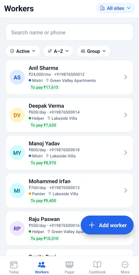 Workers list with each worker’s rate, trade, site and amount to pay, with search and filters