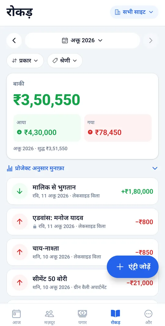 रोकड़ स्क्रीन: बैलेंस, आया और गया पैसा, प्रोजेक्ट के हिसाब से मुनाफ़ा, और भुगतान, एडवांस व सीमेंट की एंट्री