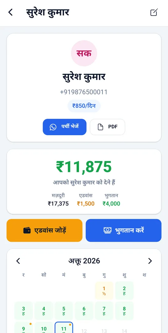 सुरेश कुमार का खाता: ₹11,875 बाक़ी, मज़दूरी, एडवांस और भुगतान, पर्ची भेजें, एडवांस दें और भुगतान बटन, और हाज़िरी कैलेंडर