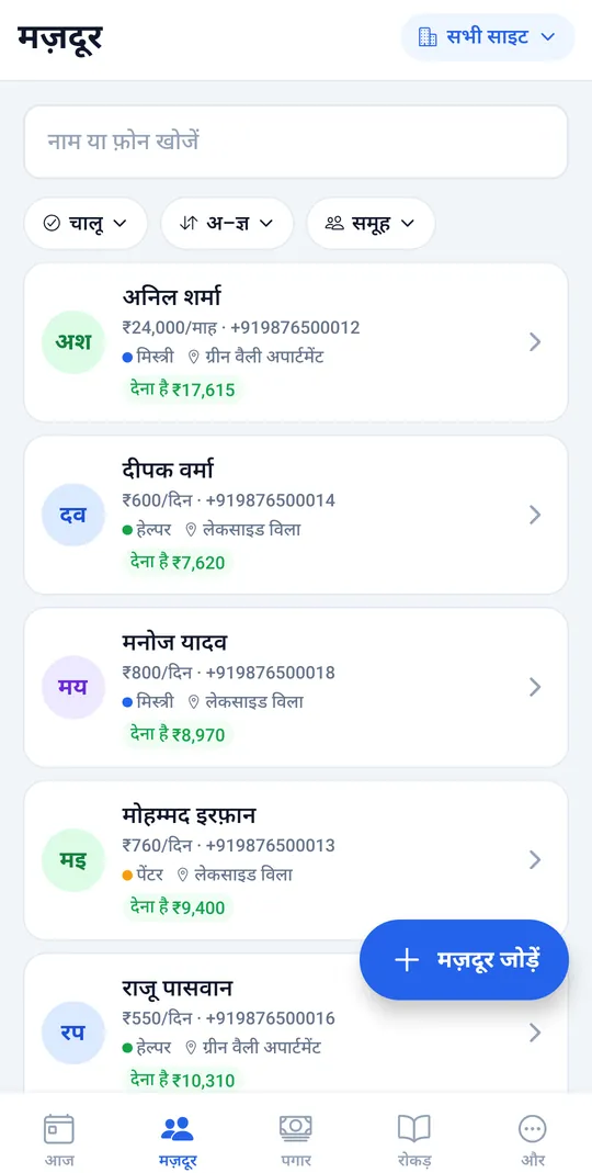 मज़दूरों की लिस्ट: हर मज़दूर का रेट, काम, साइट और देने वाली रक़म, सर्च और फ़िल्टर के साथ